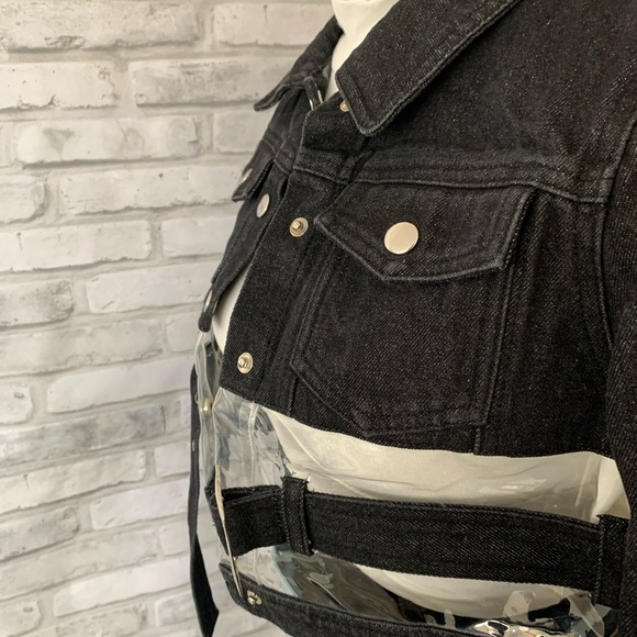 #183 NWT BLK Crop Clear Denim Jacket Buckle Button - Picture 6 of 9
